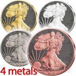 USA FOUR METALS PRESTIGE SET AMERICAN SILVER EAGLE 4 Silver coin set $1 WALKING LIBERTY 2016 Black Ruthenium, Yellow Gold, Rose Gold, Palladium, Platinum plated 4 oz